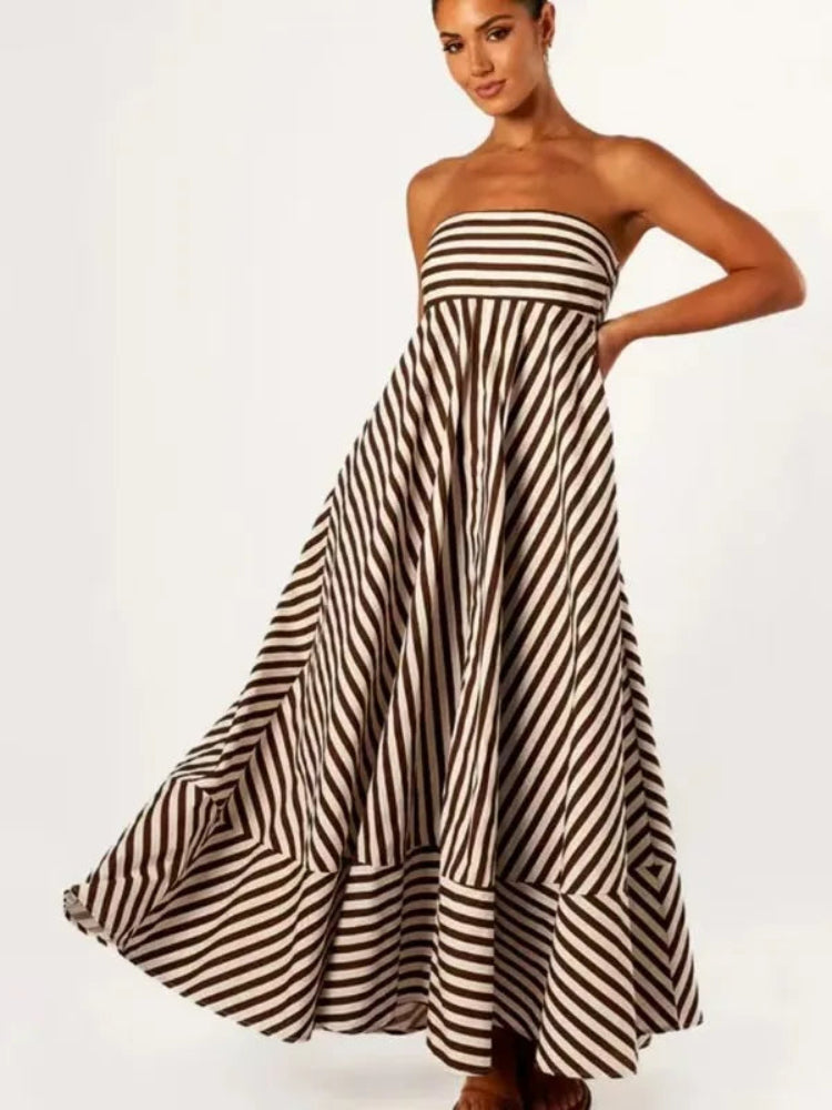 Women’s Backless Striped Dress – High Waist