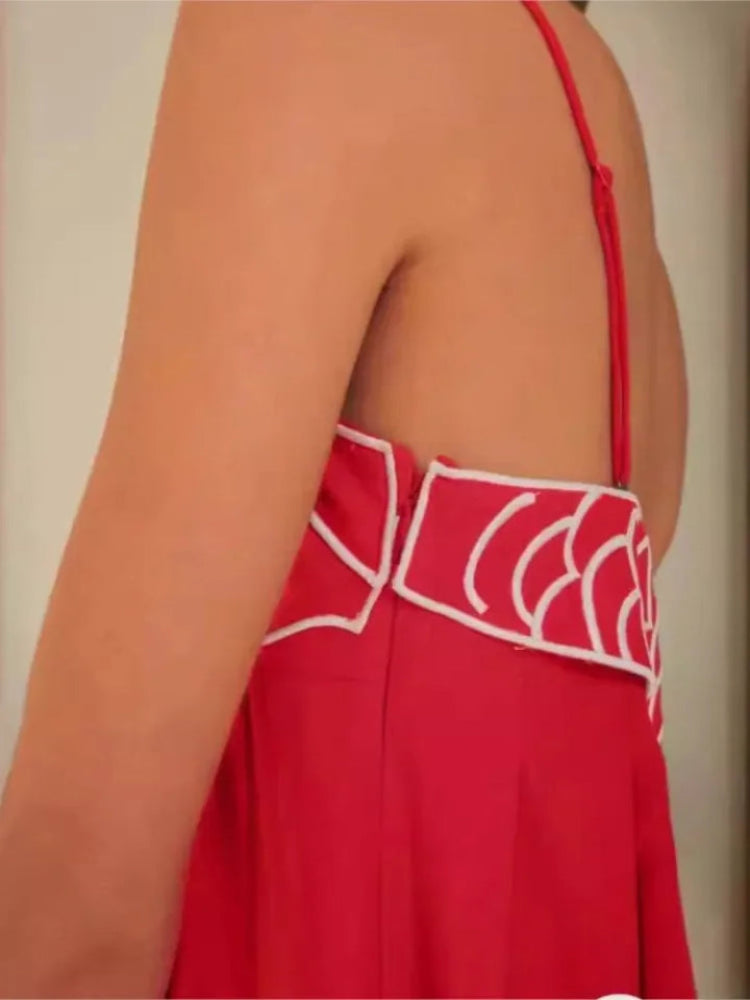 Elegant Red Embroidered V-Neck Dress