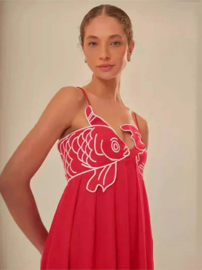 Elegant Red Embroidered V-Neck Dress