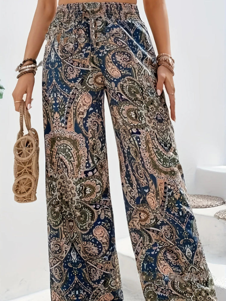 Women’s Boho Printed Wide Leg Trousers – High Waist