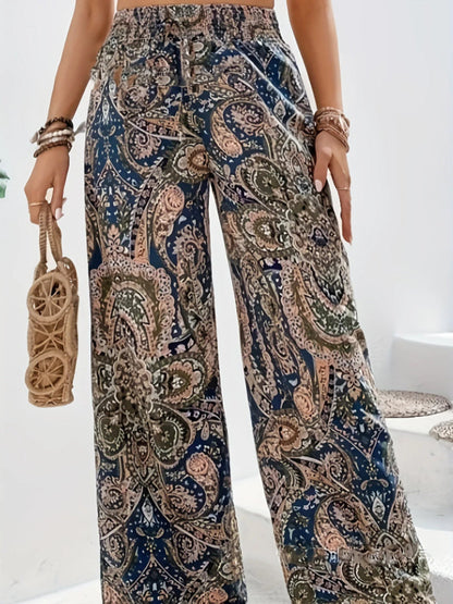 Women’s Boho Printed Wide Leg Trousers – High Waist