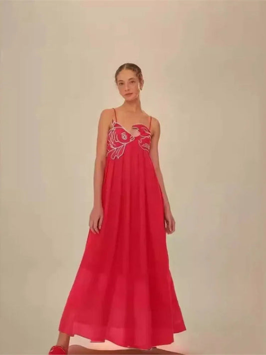 Elegant Red Embroidered V-Neck Dress