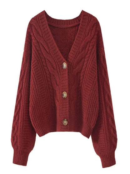 Retro V-Neck Knitted Cardigan – Women’s Knit Jacket
